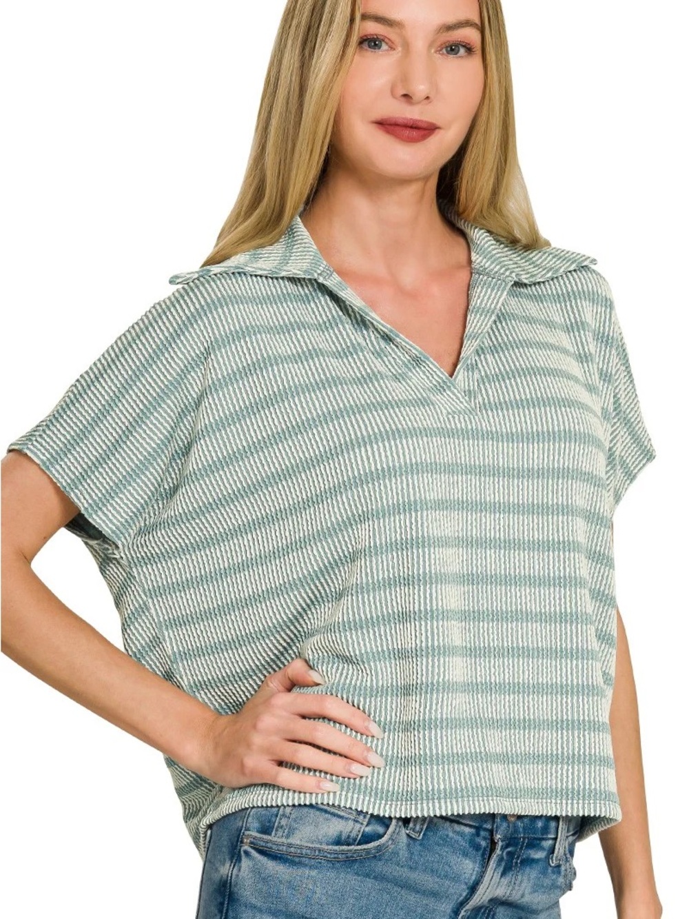 NWOT Zenana Raised Ribbed Striped Collared Top Size M